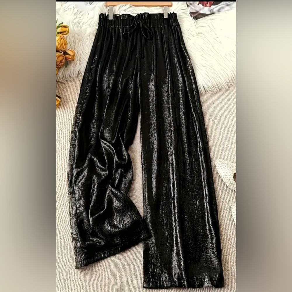 Shiny Black Wide-Leg Pants